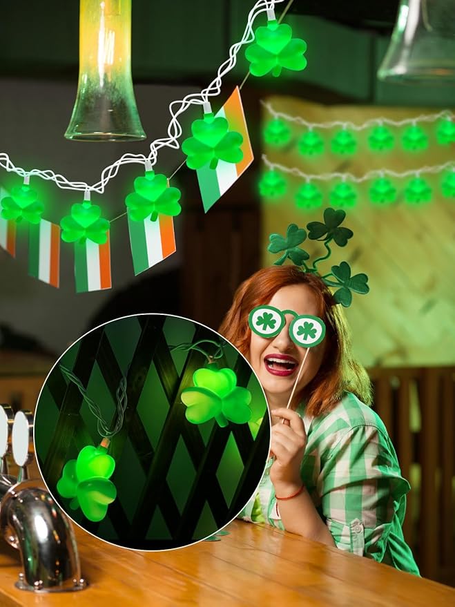 SUNSGNE St. Patrick's Day Lights Shamrocks Decorative String Light, Lucky Clover String Lights with 10 LED Green Fairy Bulbs for Indoor Outdoor St. Patrick's Party Holiday Decor, White Wire
