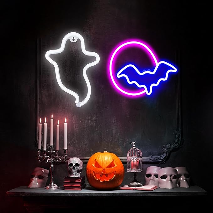 2 Pack Halloween Decoration LEDs Neon Sign Light Ghost, Bat and Moon Lights Hanging for Halloween Party Decorations Indoor Home Window Decorations (Batteries not Included)