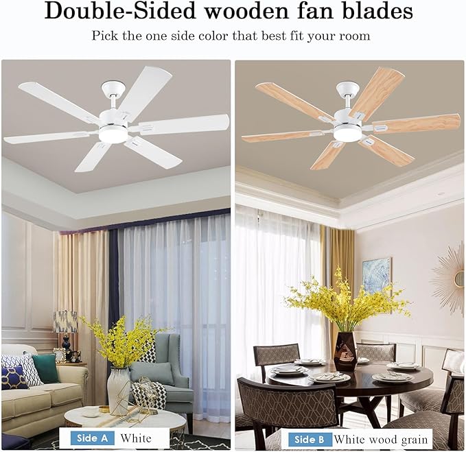 56inch Modern White Ceiling Fans with Lights and Remote/App Control, Dimmable LED, Reversible DC Motor, Noiseless, 6 Double-Side Blade Low Profile Ceiling Fan for Livingroom Indoor/Outdoor Use