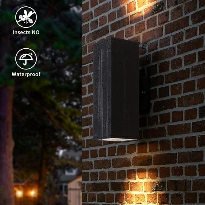 mirrea Modern Outdoor Porch Light Patio Light in 2 Lights with Aluminum Rectangular Tube and Tempered Glass Cover Waterproof Wall Sconce 2 Pack (Matte Black 14")