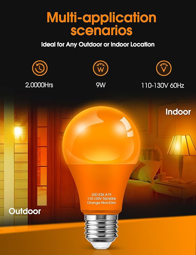 Orange Light Bulbs [ 4 Pack ] A19 Halloween Light Bulbs LED Orange Bulb Outdoor 9W (60 Watt Equivalent) - E26 Colored Light Bulb for Porch Light Christmas Party Home Holiday Decorative Illumination