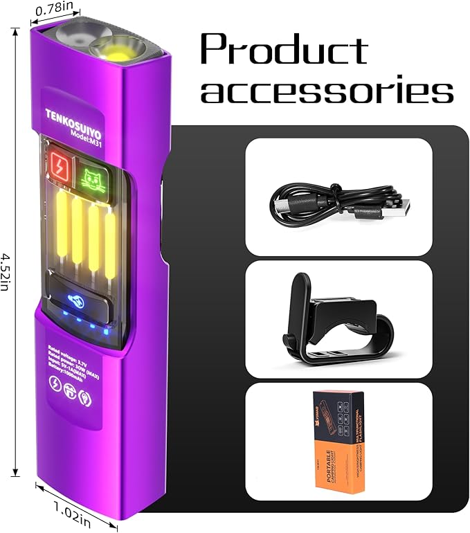 Rechargeable Flat Flashlight 680 Lumens Magnetic Clip On Hands Free Light for Car Repair Camping Emergency (Purple)