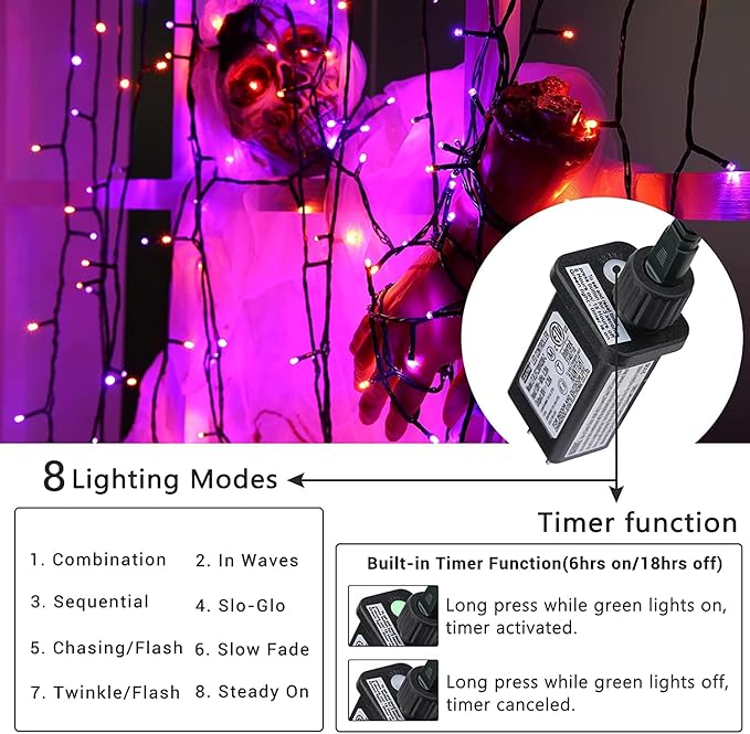 Orange and Purple Halloween Lights, 82ft 200 LED Connectable Halloween String Lights with 8 Modes, Waterproof Plug in Orange Purple String Light for Party, Garden, Indoor Outdoor Spooky Decorations