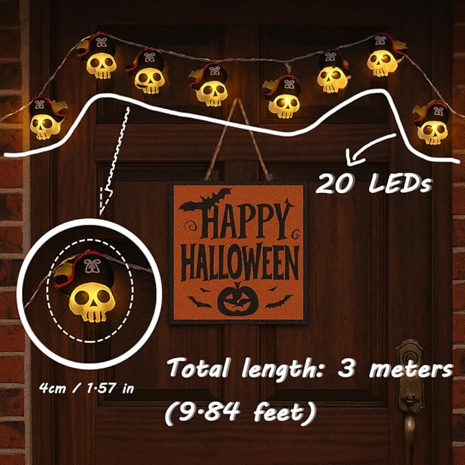 Halloween String Lights, Battery Operated 9.8FT 20 LED Pirate Skull Decorative Lights for Indoor Outdoor Halloween Party Yard Porch Decor