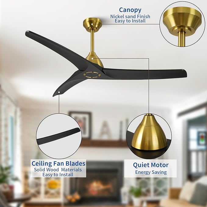 54 Inch Modern Ceiling Fan No Lights,Wood Ceiling Fan without Light,6-Speed,Reversible DC Motor,Timer,Outdoor with Remote for Bedroom Living Room Patios,Black and Gold