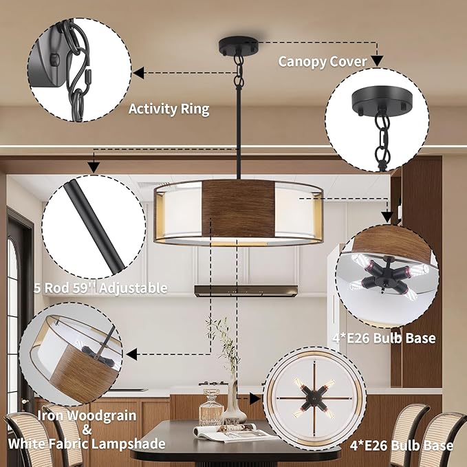 19.7'' Farmhouse Drum Chandeliers for Dining Room, 4 Light 2-Layer Shade Chandelier Large Round Pendant Light Fixtures, Modern Light Fixture for Dining Room Kitchen Island Living Room Bedroom