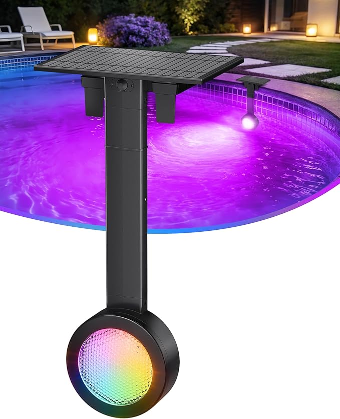 Solar Pool Lights for Inground Pools with Remote, 18in 5W LED RGB Underwater Swimming Pool Light Fixture, 7 Colors 2 Modes Dimmable, IP68 Waterproof, Dusk Auto On & Timer Off, Black