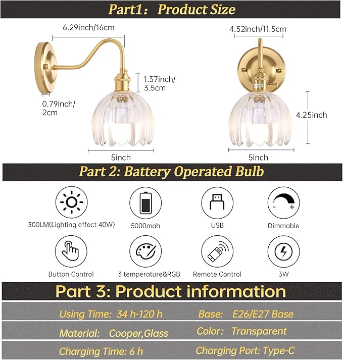 Vintage Battery Operated Wall Sconce, 5000mAh Rechargeable Wall Light, Indoor Battery Powered Wall Lamp for Bedside Bedroom Living Room, Tulip Clear