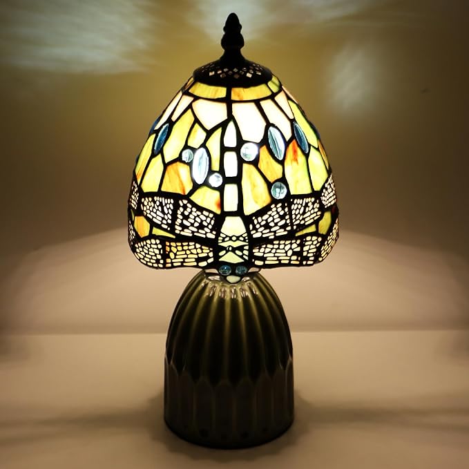 Tiffany Lamp Stained Glass Mushroom Table Lamps 6X6X12.5 Inch Amber White Dragonfly Style Small Night Light Ceramic Base Mini Accent Desk Light Suitable for Bedside Table Bedroom Children Room