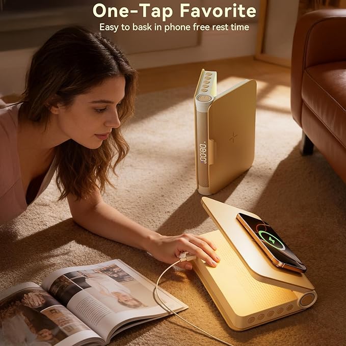 Vivilumens Sunrise Alarm Clock with Wireless Charging Station Bluetooth Speaker Loud for Heavy Sleepers Adults Aesthetic Book Wake Up Light for Bedroom Decor Dimmable Bedside Lamp Tech Birthday Gift