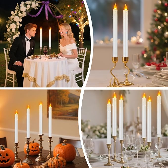 Flameless Taper Candles with Remote, 10" White Battery Operated Led Candlesticks with Flickering 3D Flame, 24 Pcs Fake Taper Candles for Christmas Thanksgiving Wedding Home Décor