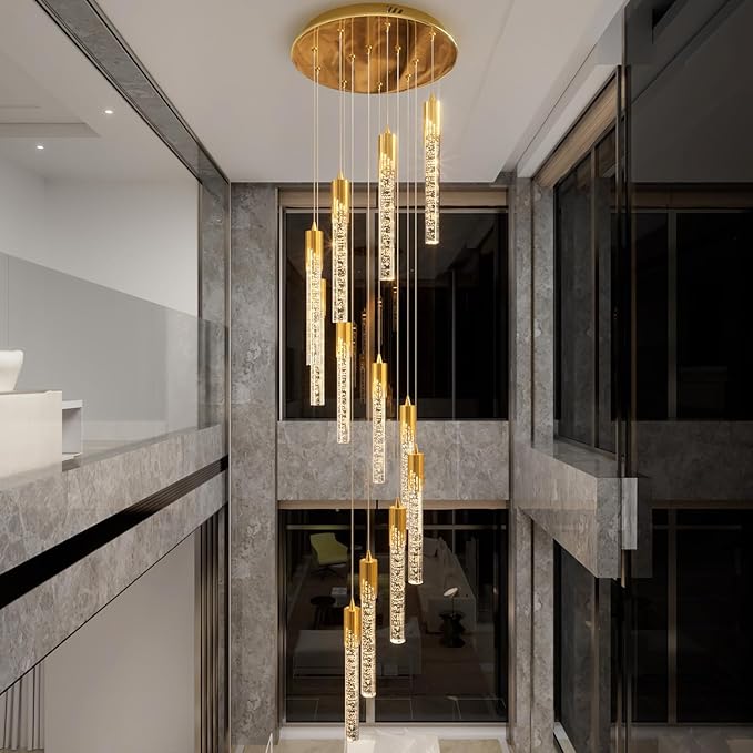 Flashing God Modern Crystal Chandelier Dimmable LED Gold Ceiling Light Crystal Bubble Pendant Lights High Ceiling Chandelier for Living Room Lobby Staircase Chandeliers