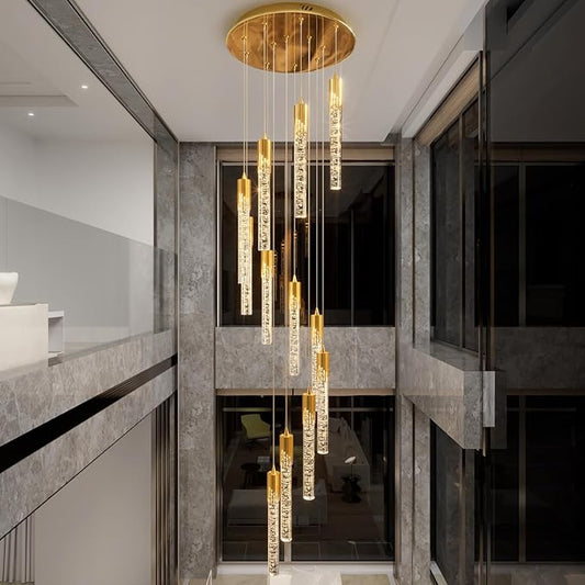 Flashing God Modern Crystal Chandelier Dimmable LED Gold Ceiling Light Crystal Bubble Pendant Lights High Ceiling Chandelier for Living Room Lobby Staircase Chandeliers