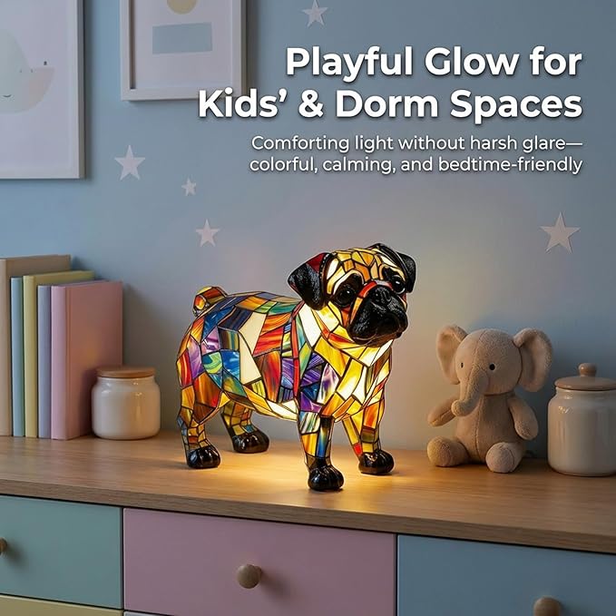 Rainbow Puppy Lamp Stained Glass Dog Night Light 3D Retro Stained Resin Rainbow Pup Lights Charge Powered Table Lamp Puppy Glow Lamps for Home Bedroom Desk (M)