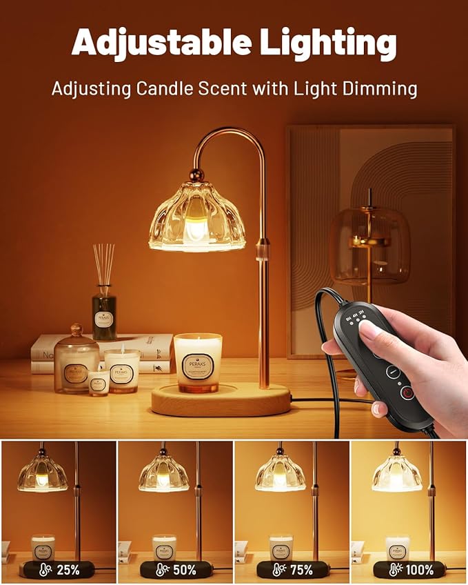 Candle Warmer Lamp, Wax Melt Warmer with Timer Dimmer, Height Adjustable, Amber Lampshade, Includes 2 Bulbs, Birthday Gifts for Women, Mom, Christmas, Housewarming