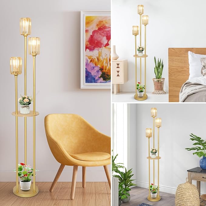 HMVPL Gold Standing Lamp with Shelf, Vintage Floor Lamp for Living Room, Retro Floor Lamp with Table, Mid Century Tall Lamp with Amber Crystal Shade, On/Off Switch, Brass Boho Corner Lamp for Bedroom