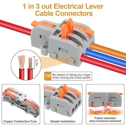 Linkstyle 10-Pack Junction Box 3 Pin Electrical Cable Connectors, IP68 Waterproof Outdoor 3 Way 4-10mm Adjustable Wire Box with Replaceable 1 in 3 Out Lever Wire Connector 28-12AWG