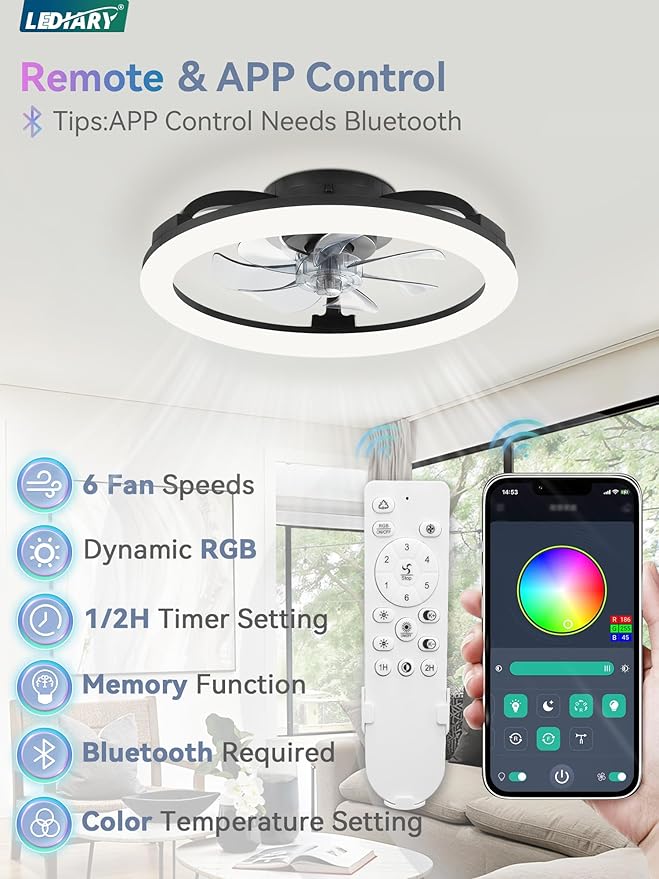 LEDIARY RGB Low Profile Ceiling Fans with Lights and Remote, 20 Inch Dimmable Modern Fan Light(3000K-6000K), 6 Speed, Reversible, APP & Remote Control, Flush Mount Ceiling Fan for Bedroom, Black
