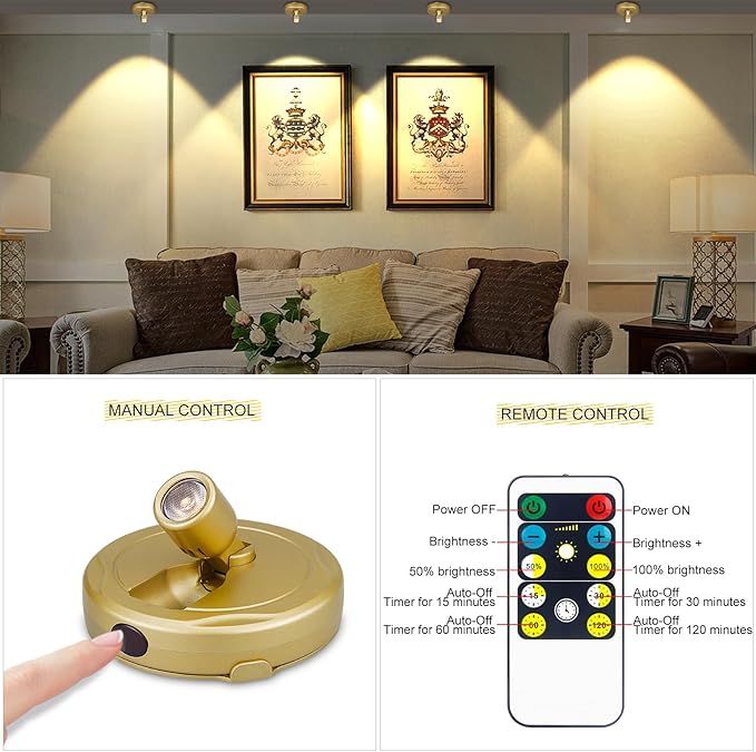 2Pack Wireless Battery Spotlight Indoor for Plants with Remote, Led Picture Painting Lights for Wall Art Display Decor,Puck Uplight for Trees Stick Indoor Spot Led Accent for Gallery Hallway Dimmable