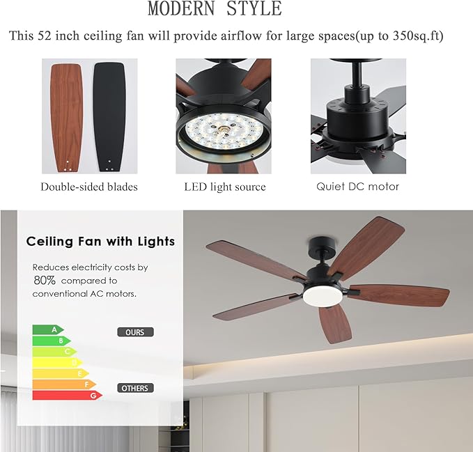 52inch Ceiling Fans with Lights, Low Profile Ceiling Fan with Light and Remote/App Control, 2 Downrods, DC Reversible Motor, Noiseless, Dimmable Brown Ceiling Fan for Bedroom Livingroom