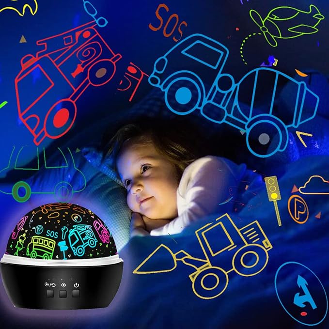 MINGKIDS Night Light for Kids,2 in 1 Rotating Projector Lamp with Dino&Vehicles Theme,2 Ways to Charge,Baby Night Light Ceiling Projector for Bedroom Kids Room Decor