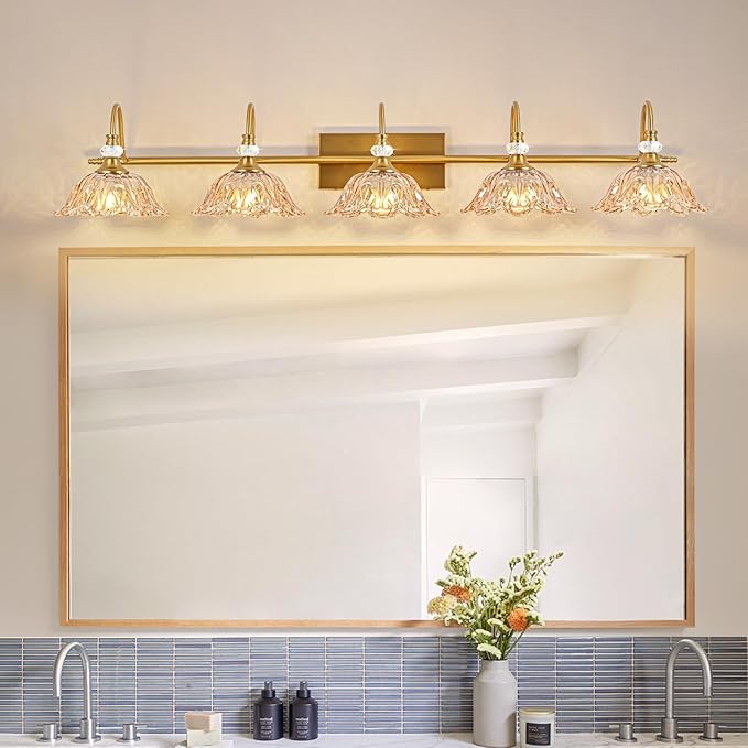 Vintage Bathroom Vanity Light, 5-Light Matte Brass Finish Vanity Light with Floral Amber Glass Shades, Retro Wall Mount Lighting for Bathroom, Living Room