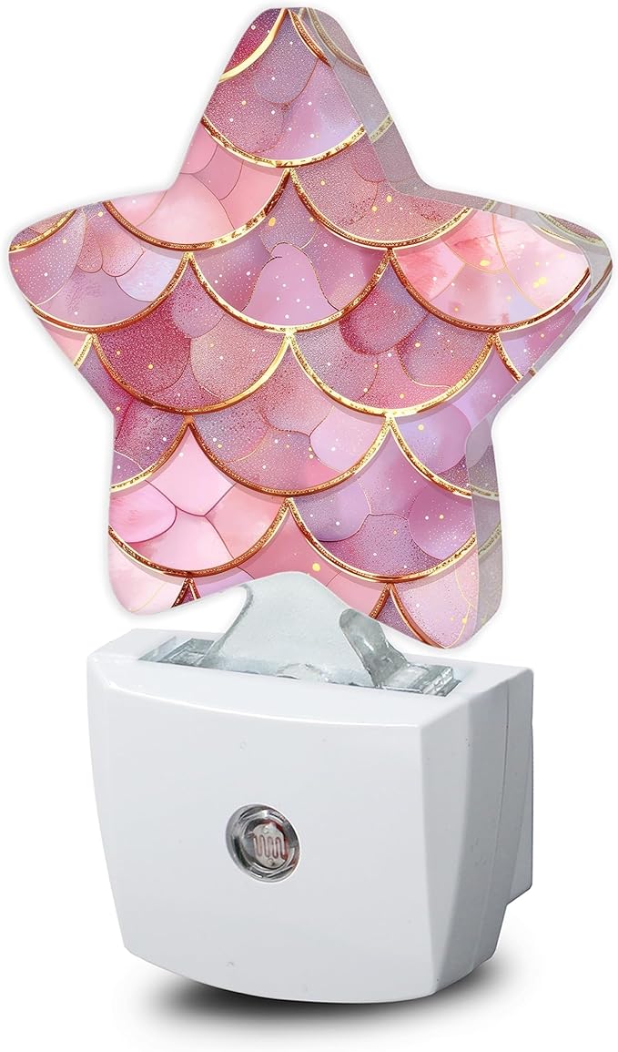 Pink Mermaid Night Light,Fish Scales Marble Plug-in Star Night Lights with Dusk-to-Dawn Sensor for Bedroom,Bathroom,Living Room Sleep Friendly Lamp for Women Girls Boys Gift,0.5W