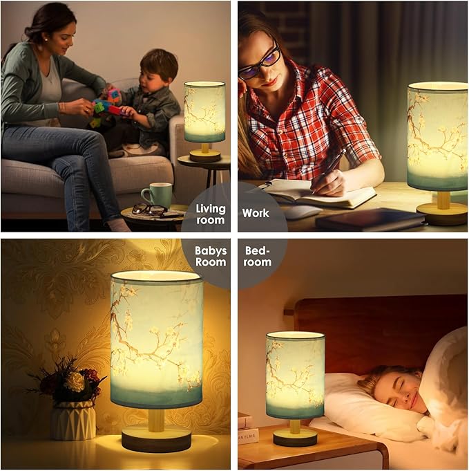 Fabric Wood Table Lamp for Bedroom, USB LED Bedside Night Lamp with Linen Fabric Lampshade, Decorative Bedroom Nightstand Light, Vintage Small Nightlight for Home Office Hotel Present(Style 2)