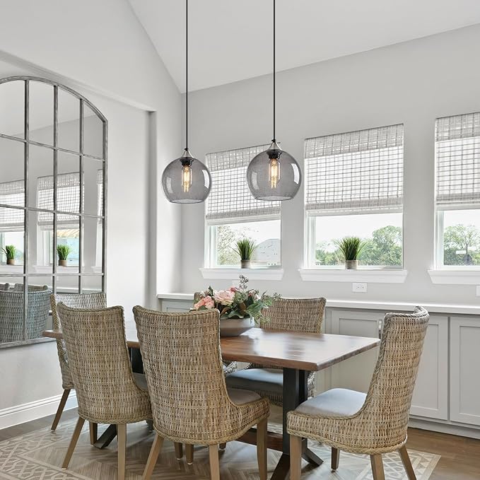 Light Grey Glass Pendant Lights Kitchen Island Lighting Globe Pendant Light Fixtures Modern Pendant Lighting for Bedroom Living Dining Room Light Fixture (7.87 in, 2 Pack)