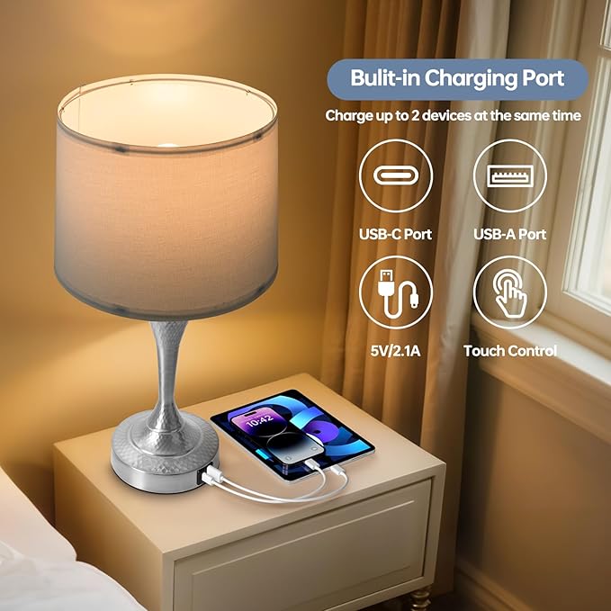 2 Pack Modern Touch Control Table Lamps with USB-C & USB-A Ports, 3-Way Dimmable Bedside Lamps, E26 Base Bulbs Included, for Bedroom Living Room, (Silver)