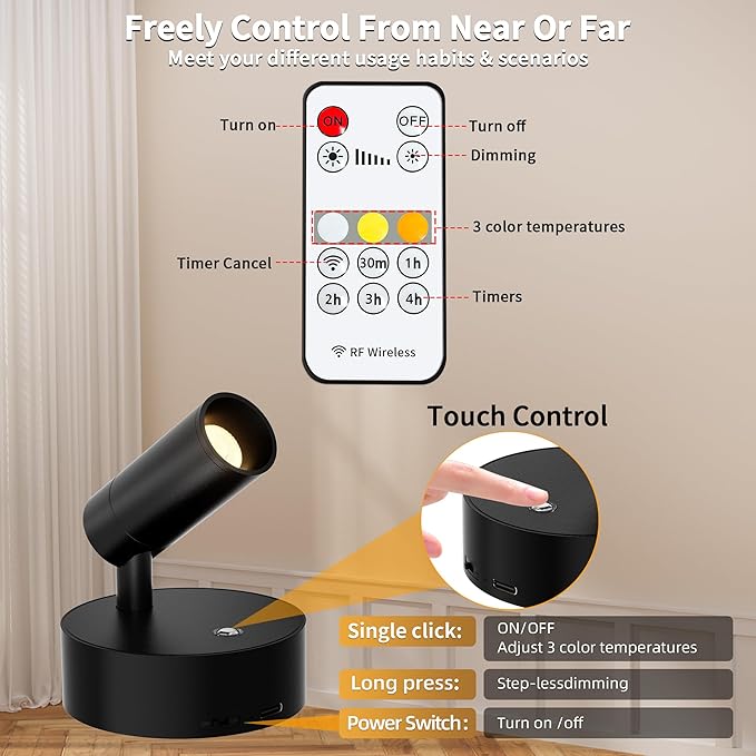 Rechargeable LED Spotlight Indoor: Wireless Battery Operated Spotlight with Remote Control Small Picture Spot Light Accent Uplighting for Plant Artwork Black