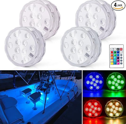 Boat Lights Wireless, Battery Powered Operated Marine Led Interior Light for Boat Deck Courtesy Light, for Fishing Pontoon Sailboat Kayak, Remote Control Multi Color Changing, RGB, 4PCS