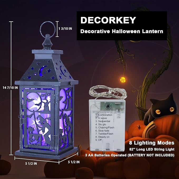 DECORKEY Halloween Decorations Indoor, 14.9" Decorative Witch & Bat Candle Lantern with 82" LED Lights(8 Modes; No Battery), Hanging Spooky Halloween Lanterns, Outdoor Home Room Door Party Decor