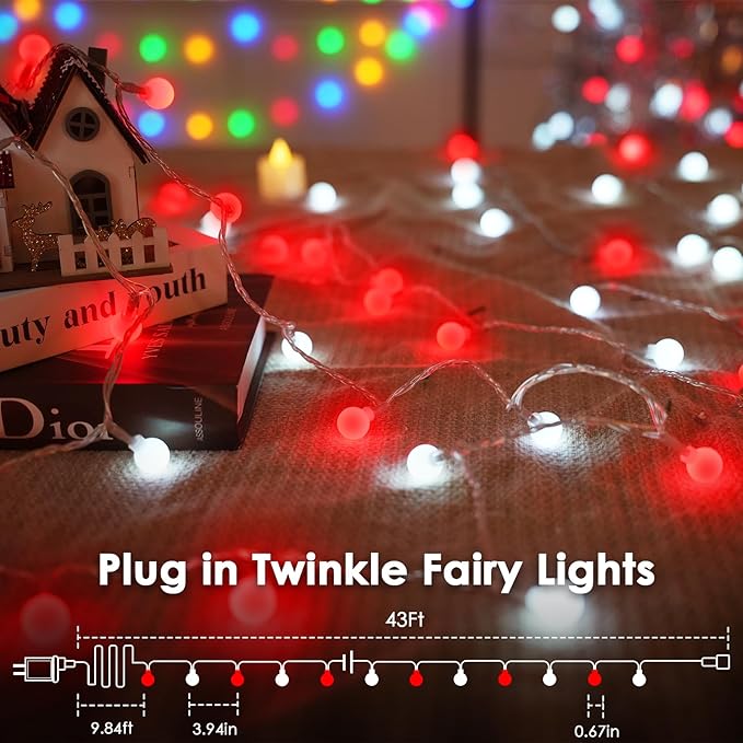 43FT 100LED Connectable Globe String Lights Indoor Outdoor - Red and White Fairy Lights Plug in with Remote & 8 Lighting Modes, Twinkle Light for Bedroom Decorations Girl's Room Classroom Party