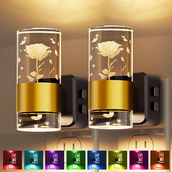 L LOHAS LED Night Lights Plug into Wall, Color Changing Night Light with Rose Carved, Dusk to Dawn Light Sensor and Adjustable Brightness, Elegant Design Night Light for Birthday, 2 Pack