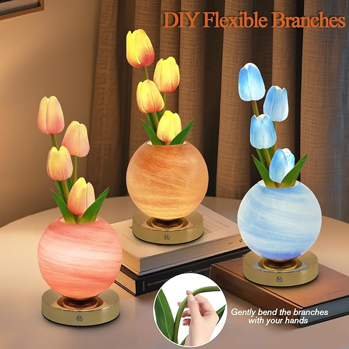 Tulip Table Lamp, Rechargeable Cordless Touch Dimming Artificial Tulip Flower Desk Lamp, LED Flower Bedside Night Light Romantic Gifts for Girl Women Mom (Orange)