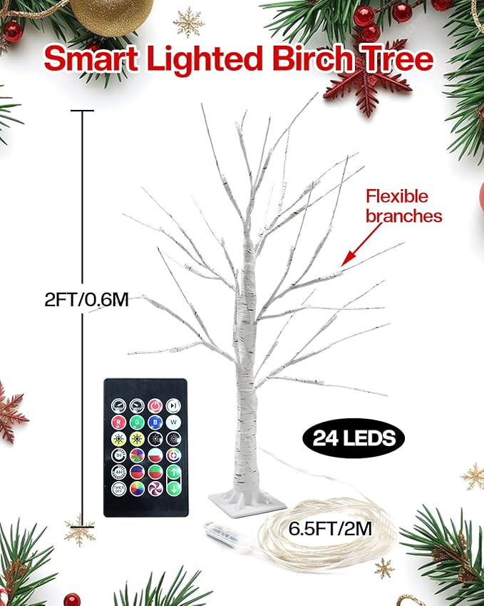 Easter Decorations - Smart RGB Birch Tree 2 Pack, 2FT App Remote Control Color Changing Lighted Spirit Tree, Music Sync Timer LED Fairy Light for Home Indoor Tabletop Centerpiece