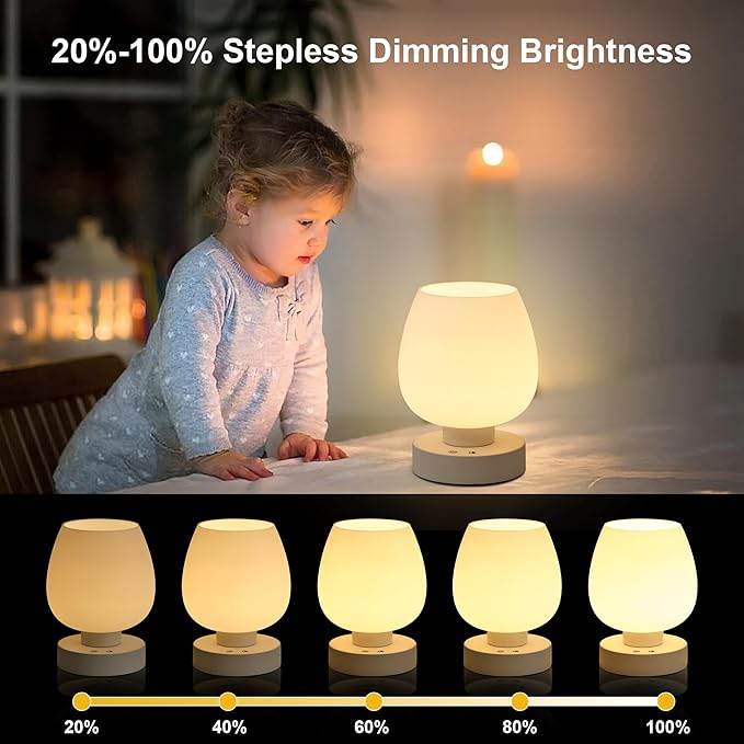 Cordless Touch Bedside Table Lamp Set of 2, Rechargeable Battery Operated Desk Lamps with 8 RGB Colors, Dimmable Small Glass Nightstand Light for Living Room Bedroom Kitchen Counter