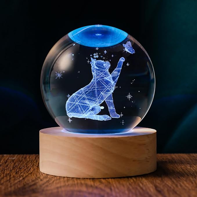 60mm 3D Crystal Ball Cat Lover Gifts for Women Cat Themed Sympathy Figurines Decor Gifts with Wooden Light Base
