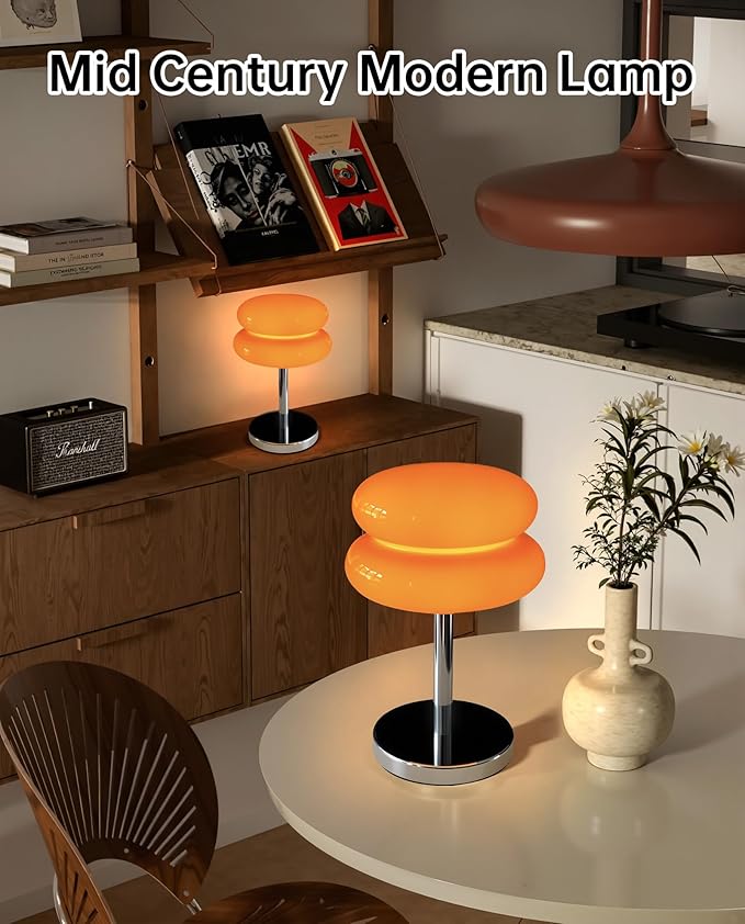 Mushroom Table Lamp for Bedroom, Cordless Mid Century Modern Lamp, Cute Egg Tart Small Night Light, 6000mAh Rechargeable Table Light for Living Room Nightstand Home Mushroom Decor Aesthetic (Orange)