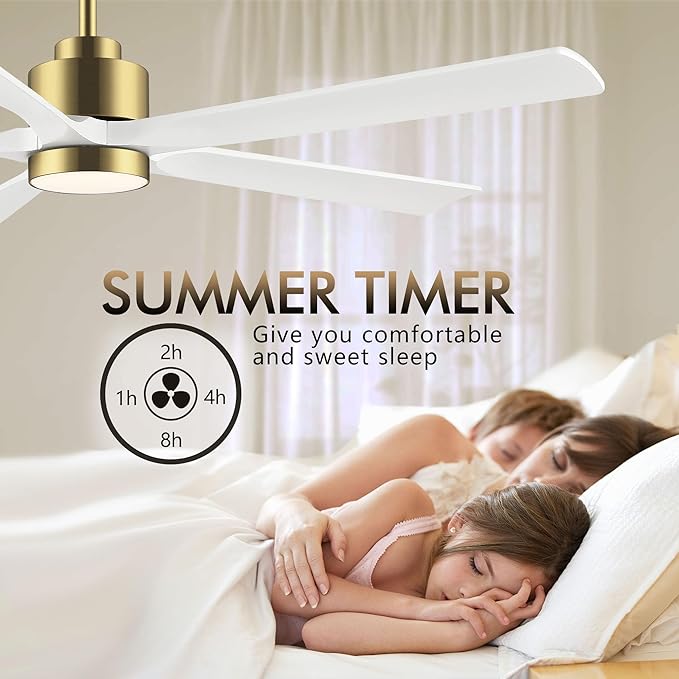 ELEHINSER 60" Modern Ceiling Fan with Lights and Remote Control, 5 Solid Wood Blades 6-Speed Noiseless Reversible DC Motor, Ceiling Fan for Bedroom Dinning Living Room, Gold Finish with White Blade