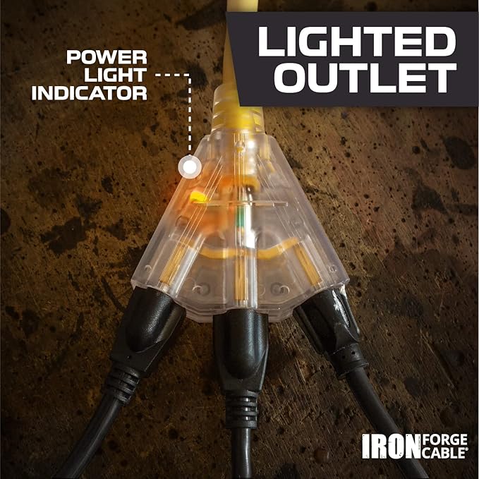 Iron Forge Cable 10 Gauge 10ft Lighted Outdoor Heavy Duty Extension Cord with 3 Outlets - 15 Amp 10/3 SJTW Yellow Extension Cord with Multiple Outlets