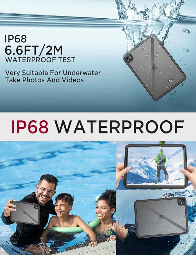 Miimall Waterproof Case for iPad Pro 13 inch 2024 M4, IP68 Waterproof Clear 360 Full-Body Ultra-Thin, Built-in Screen Protector, Shockproof Dust/Snow Proof Waterproof for iPad Pro 13 inch, Black