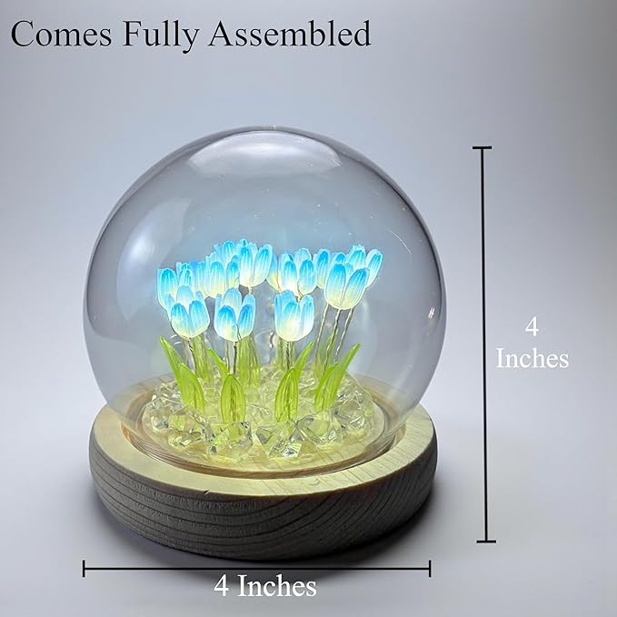 Tulip Lamp Glass Globe - Illuminated Flower Lamp with Glowing Blooms on Wooden Base - Battery-Powered Decorative Night Light for Bedroom, Living Room & Home Decor