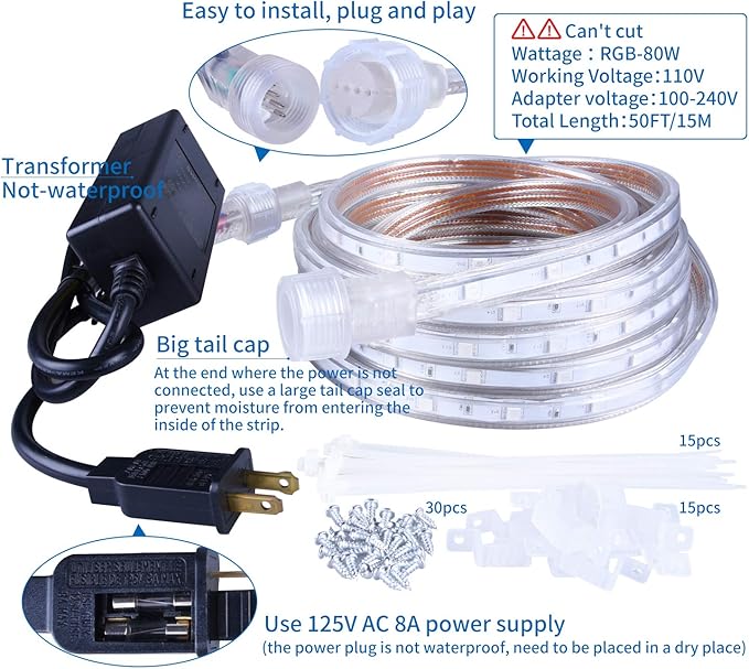 LED Rope Lights 50ft/15m RGB Dimmable Strip Lighting Kit, Flexible 450 LED, 110V, Waterproof, Male and Female connectors, Power Plug Built-in Fuse Design, Infrared Remote Control