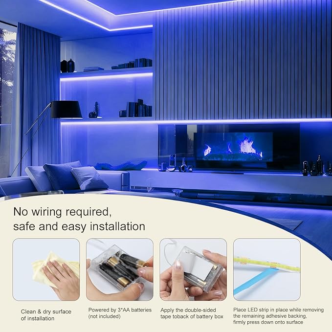 Battery Powered LED Strip Lights, 3.3FT COB LED Strip Light, Battery Operated LED Lights, Ice Blue LED Strip Lights Battery Powered for Closet, Cabinet, Shelf, Kitchen, DIY Lighting