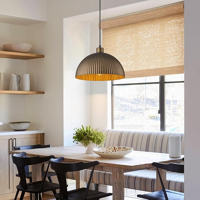 Lingkai Vintage Antique Brass Dome Pendant Light, 11.8'' Pendant Lights Kitchen Island, Hanging Ceiling Light Striped Metal Shade