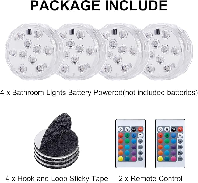 4Pcs Wireless Bathroom Lights with Remote Control, Battery Powered Multi Color Shower Lights, Waterproof Vanity Led Light for Bath Shower Spa Room, for Over Mirror Wall Ceiling Light