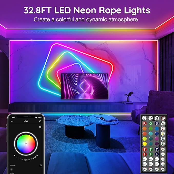 AILBTON 32.8FT Led Neon Rope Lights Control with App/Remote,Flexible Led Rope Light,Multiple Modes,IP65 Outdoor RGB Lights Waterproof,Music Sync Gaming Led Neon Strip Light for Bedroom Decor
