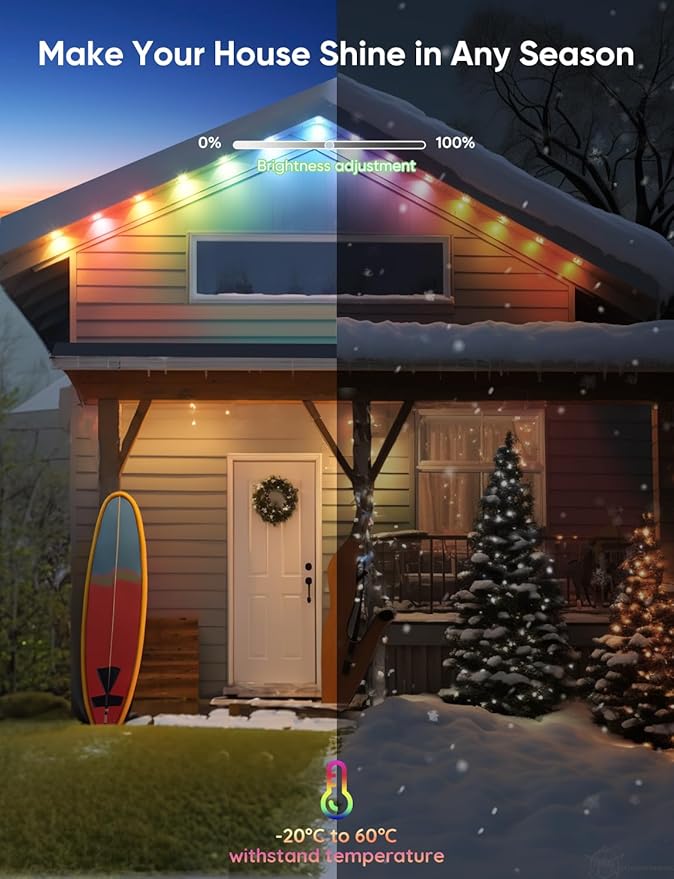 Permanent Outdoor Lights 100ft with 111 Lighting Scenes, 105° Optimal Light Angle, for Halloween Christmas, Compatible with Alexa, Google Assistant, IP67 Waterproof, Smart RGB Outdoor Lights 72 LEDs